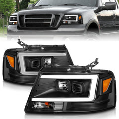 ANZO 2004-2008 Ford F-150 Projector Headlights w/ Light Bar Black Housing